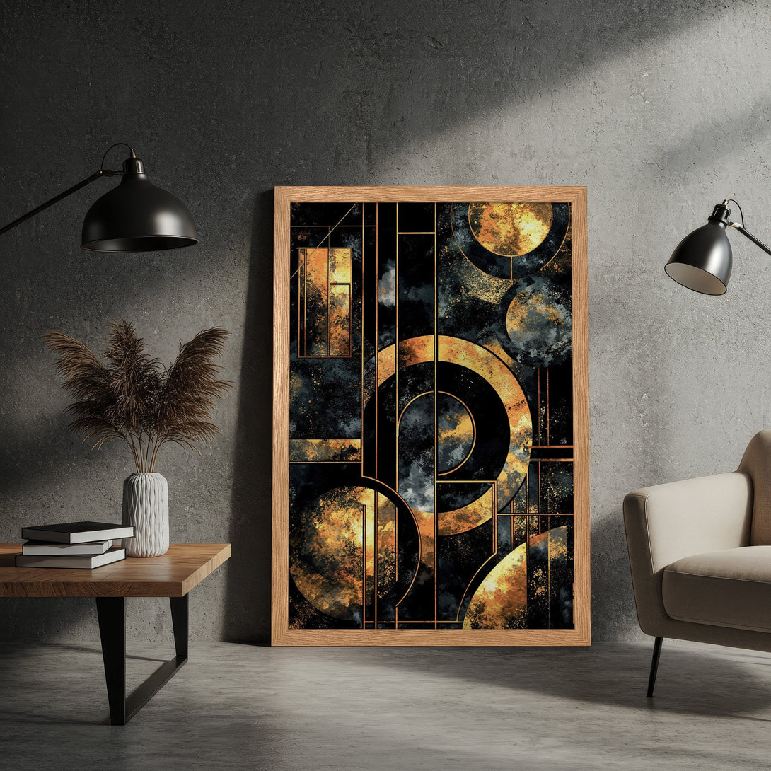 Framed Poster featuring abstract geometric art in black, gold, and blue hues. Elevate your space with this stylish wall art!