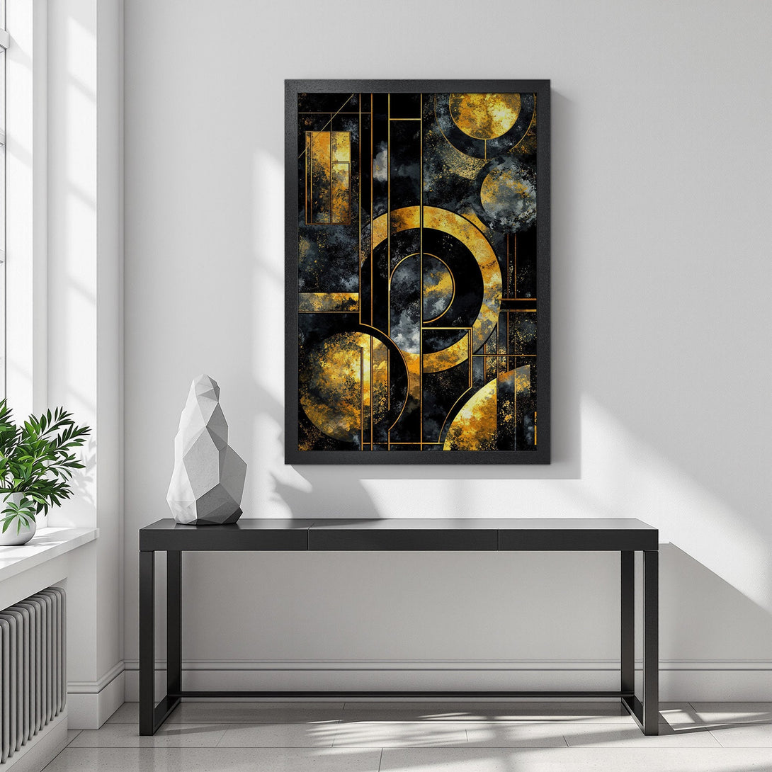 Framed Poster featuring abstract gold and black geometric art, perfect for modern decor.