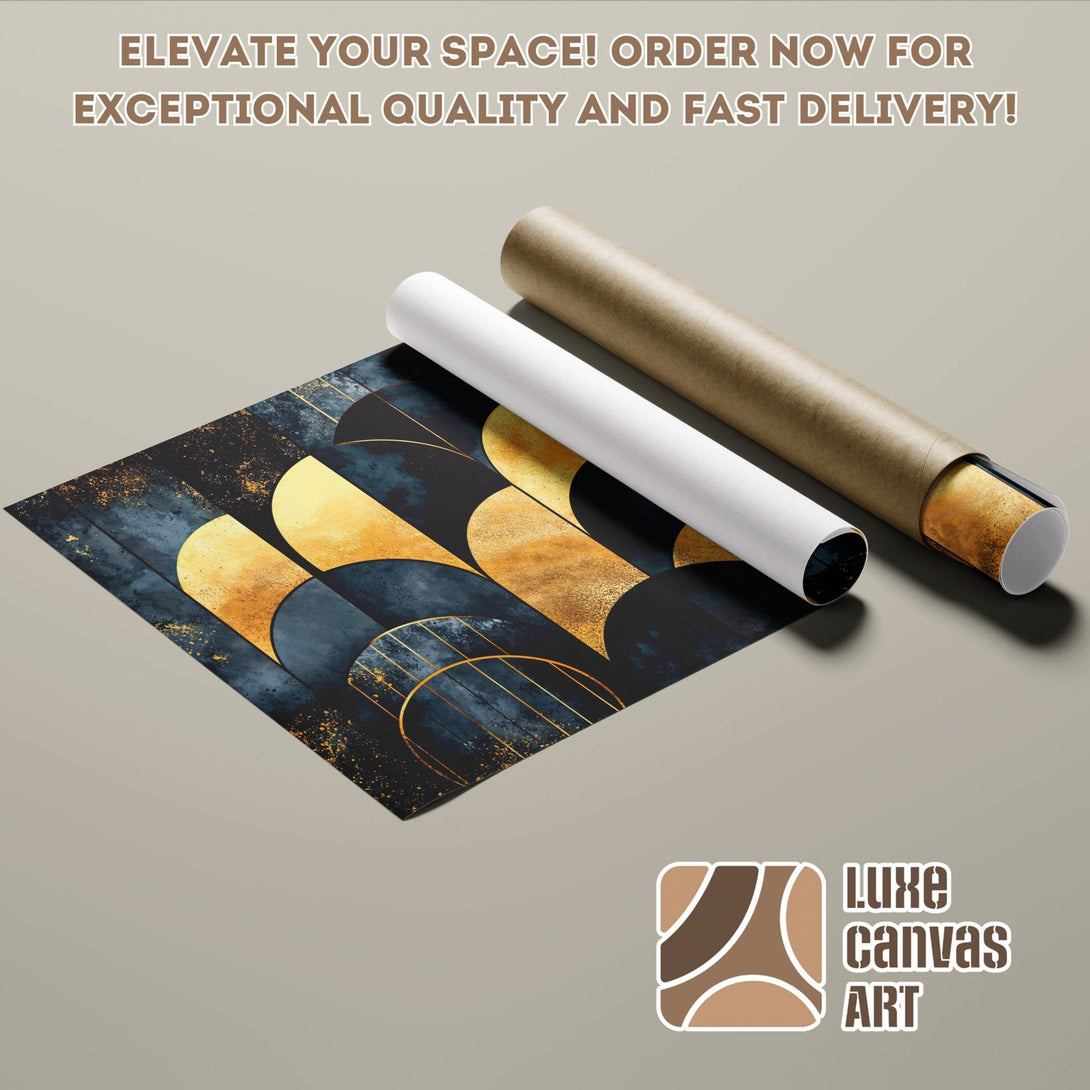 Abstract art poster roll with navy, gold, and white color palette. Elevate your space with Luxe Canvas Art!
