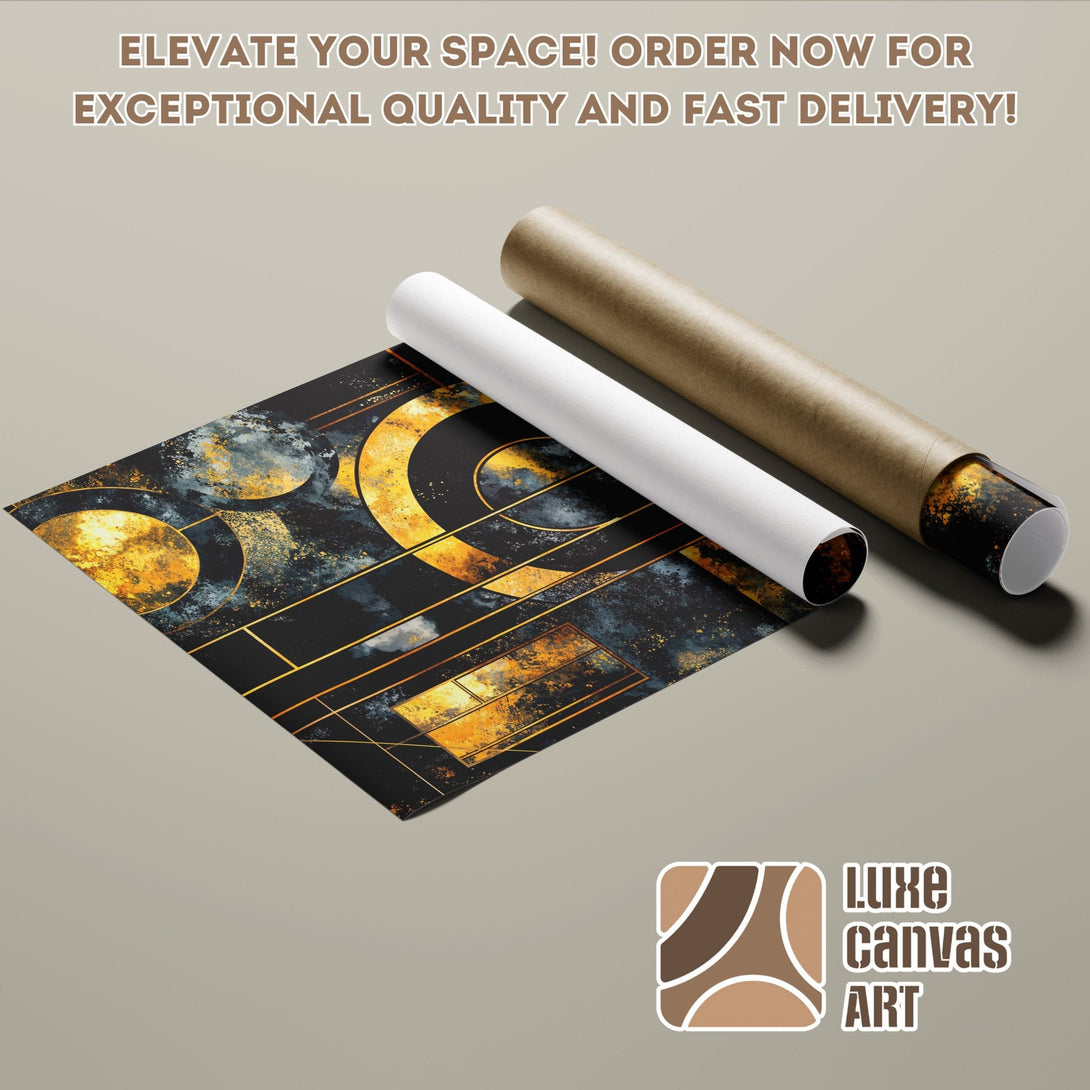 Abstract art Poster Roll with gold, black, and blue color palette. Elevate your space with Luxe Canvas Art!