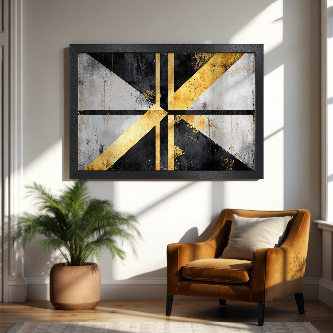 Framed Poster featuring abstract geometric art in black, gold, and gray. Modern wall decor for a stylish home.