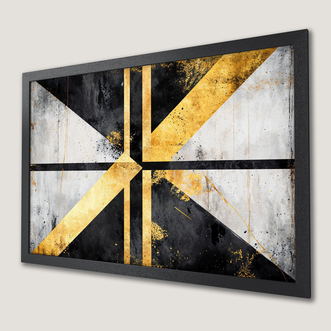 Framed Poster: Abstract art in black, white, and gold. Modern geometric design for stylish wall decor.