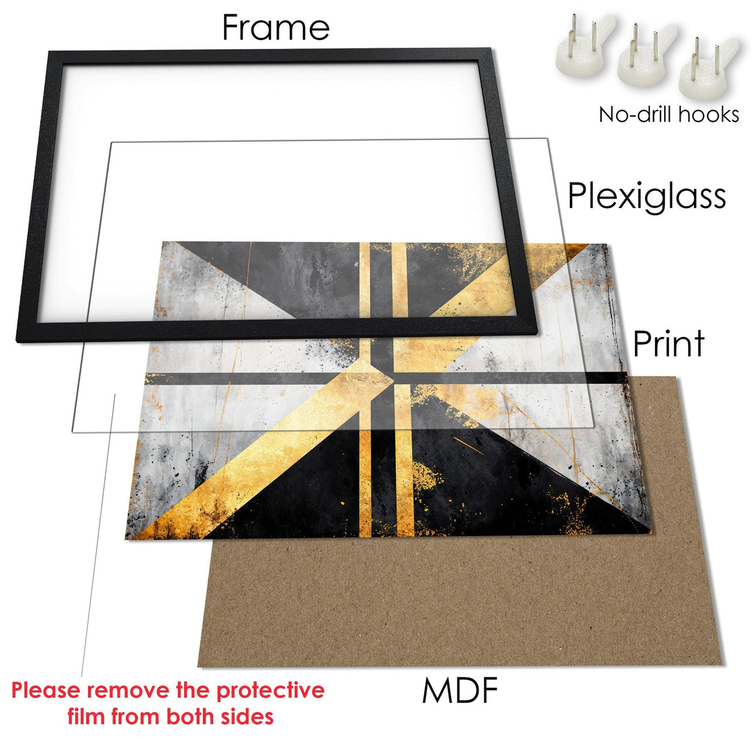 Framed Poster featuring abstract geometric art in black, gold, and gray. Elevate your space with this stylish print!