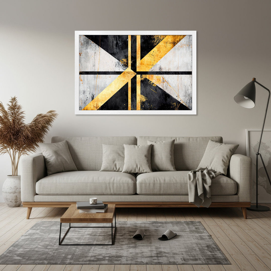 Framed Poster featuring abstract geometric art in black, gold, and gray. Modern wall art for home decor.