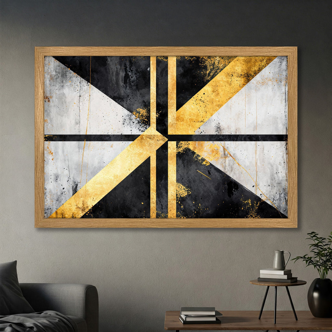Framed Poster featuring an abstract geometric design in black, white, and gold. Modern art print for home decor.