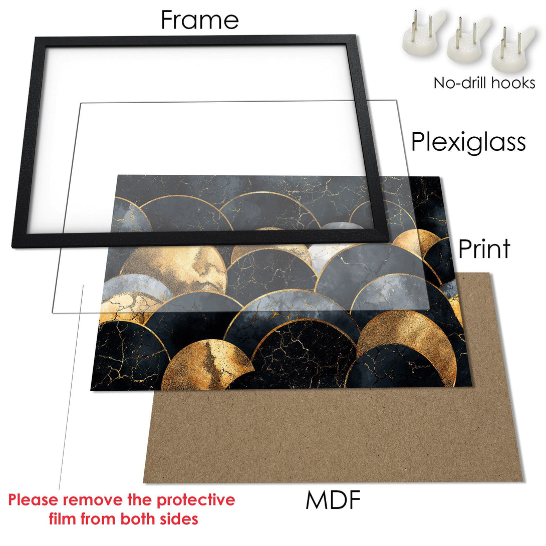 Framed Poster featuring a modern, abstract design in a black, gold, and gray color palette. Perfect wall art!