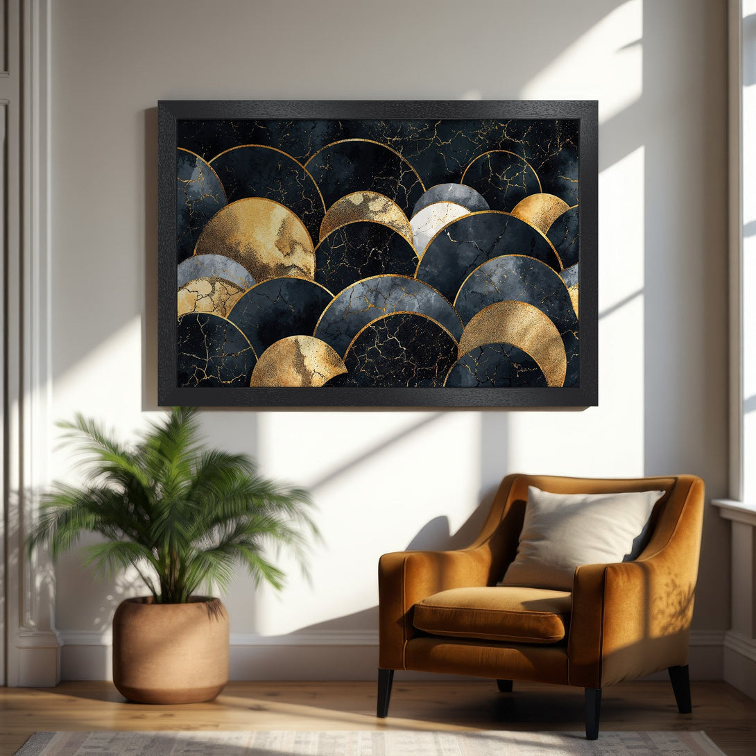 Framed Poster featuring abstract gold and navy art. Modern style, luxurious color palette for home decor.