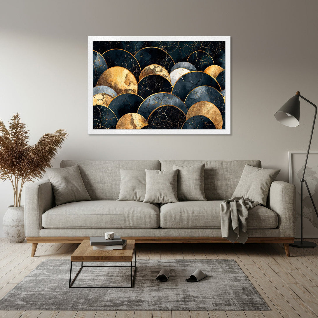 Framed Poster featuring abstract gold and navy blue art. Modern style with a luxurious color palette. Perfect wall decor!