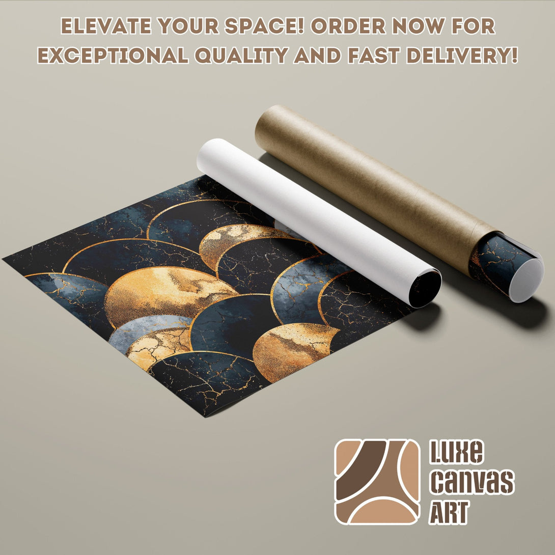 Abstract art poster roll with navy, gold, and beige color palette. Elevate your space with this stunning poster!