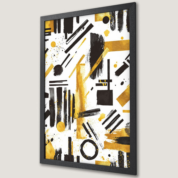 Framed Poster featuring abstract art with a black, gold, and white color palette. Modern art print perfect for any space.