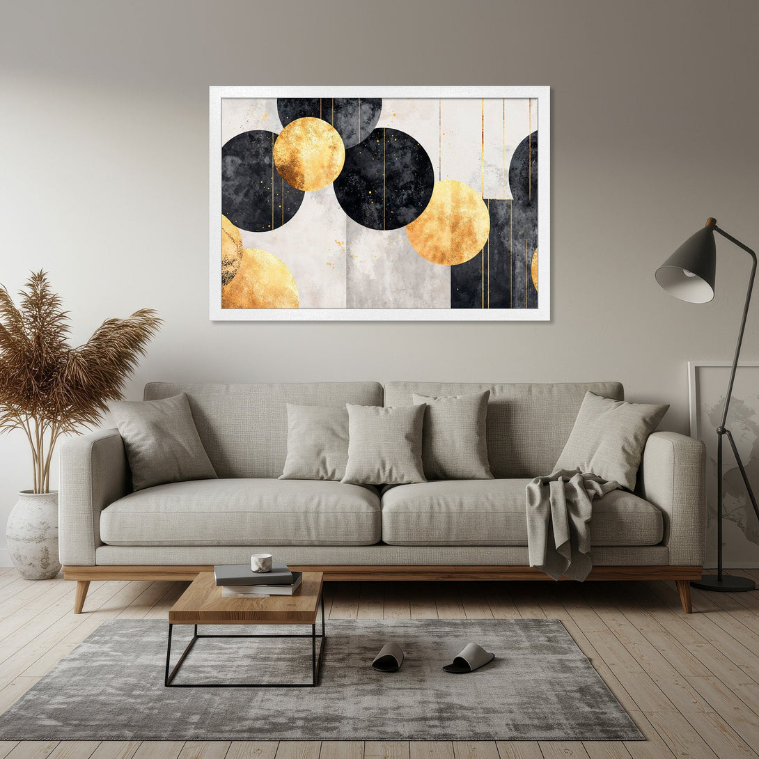 Framed Poster featuring abstract gold and black circle design. Modern art print with neutral color palette, perfect for home decor.