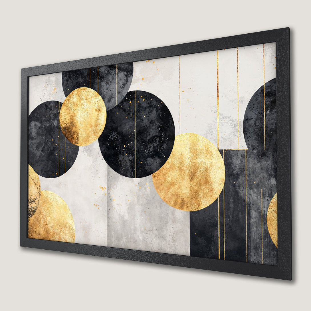 Framed Poster featuring abstract gold and black circles on a neutral background. Modern art print for home decor.
