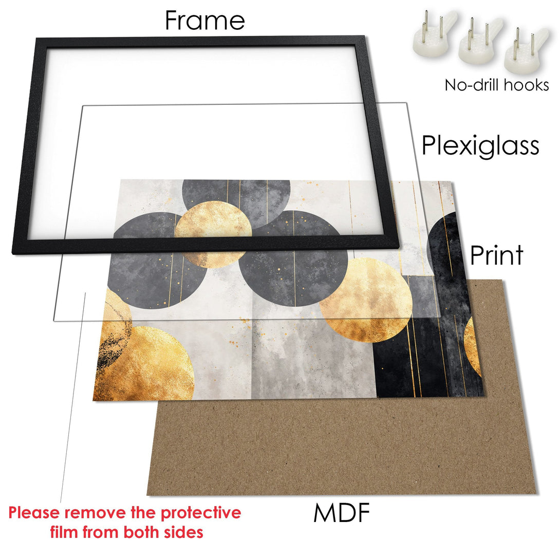 Framed Poster with abstract geometric art in gold, gray, and black. Modern wall decor for any space.