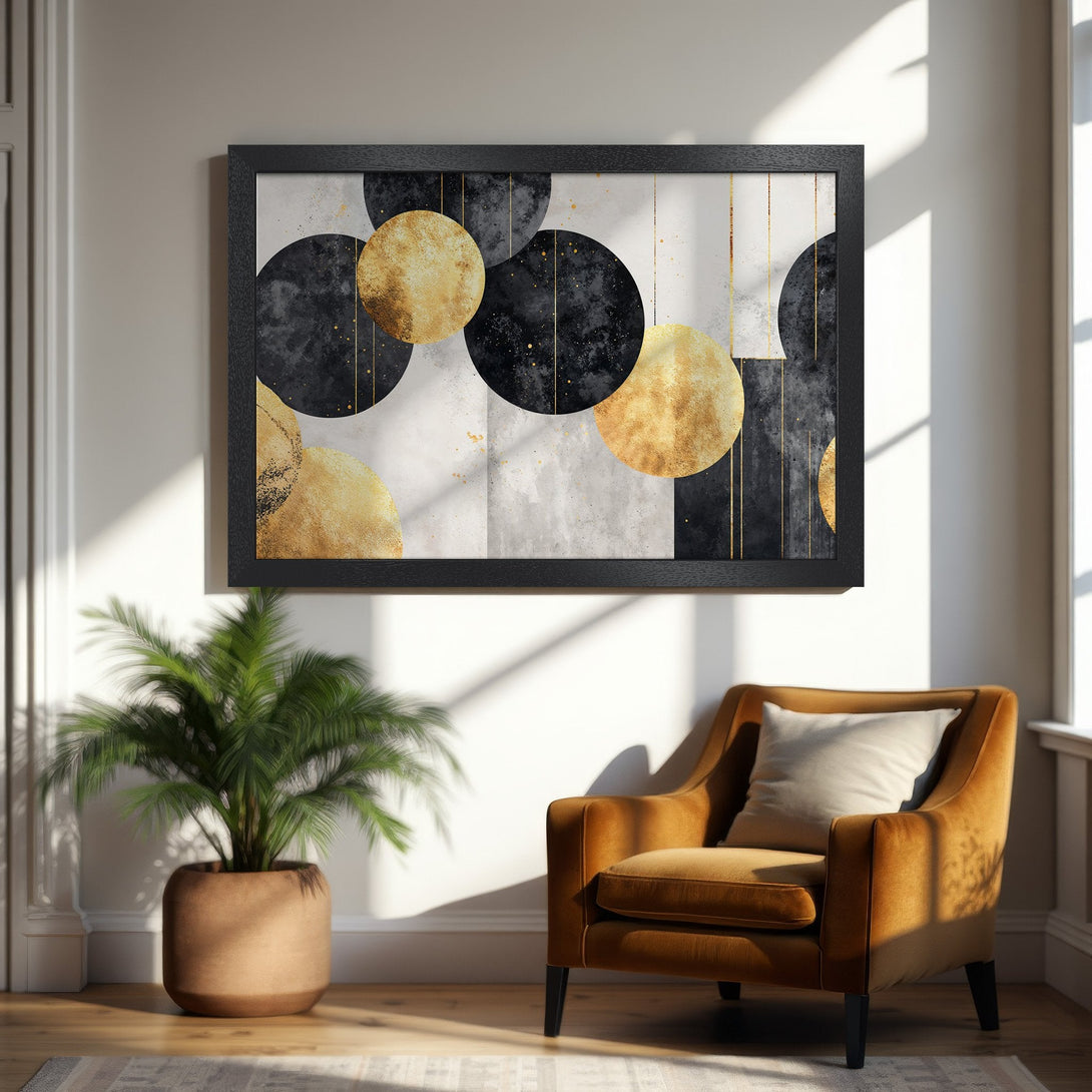 Framed Poster: Abstract art with gold and black circles. Modern style, neutral palette. Perfect wall decor!