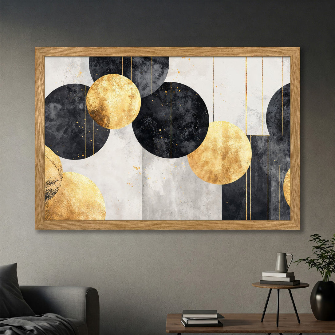 Framed Poster featuring abstract gold and black circles on a neutral background. Modern art print for stylish home decor.