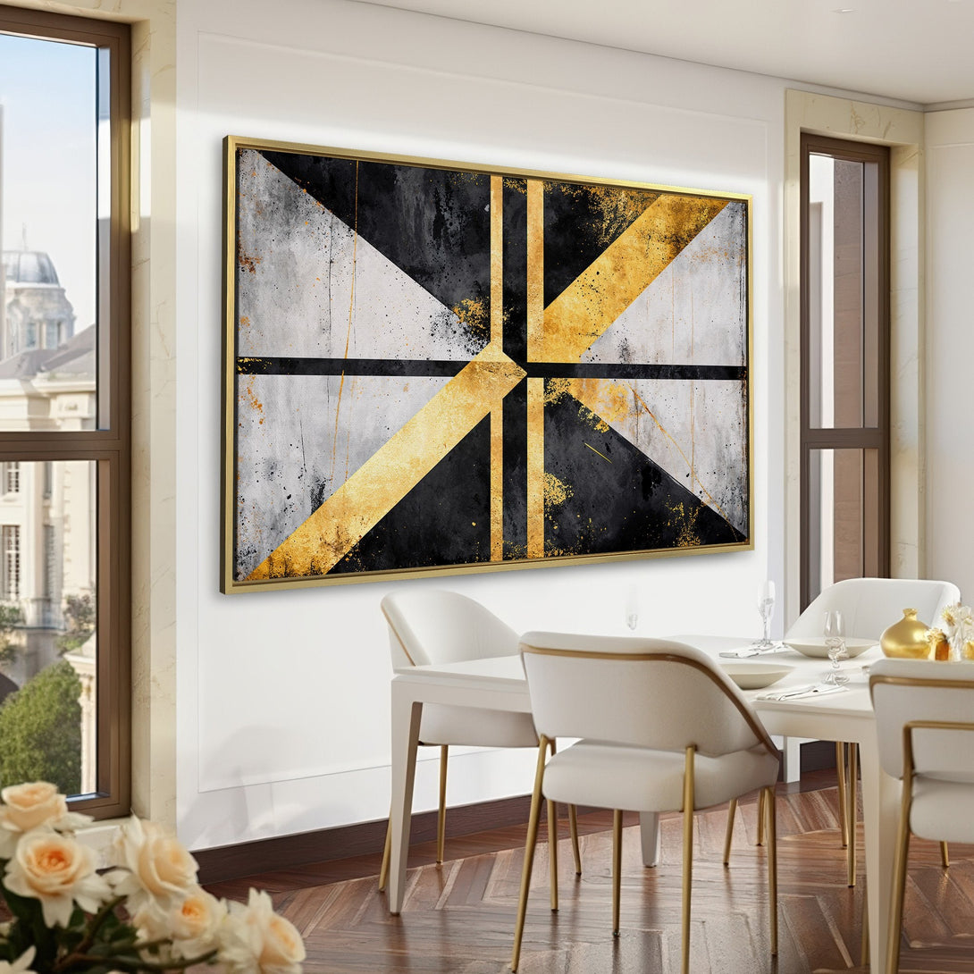 Abstract Canvas Print in a modern interior. Features geometric design with gold, black, and gray hues. Perfect for adding a touch of elegance.