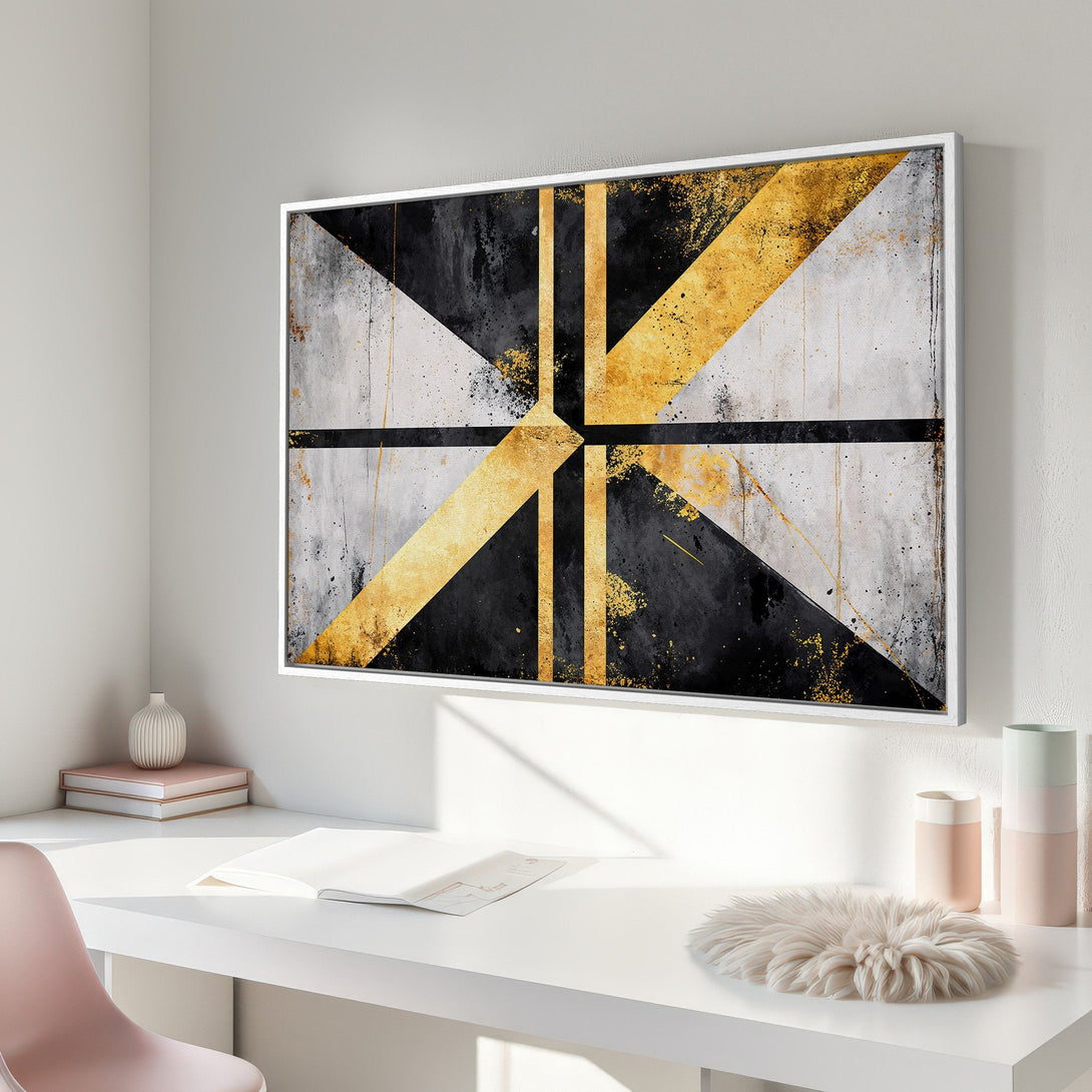 Framed Wall Art: Abstract geometric art in black, gold, and gray. Modern canvas print perfect for adding style to any room.