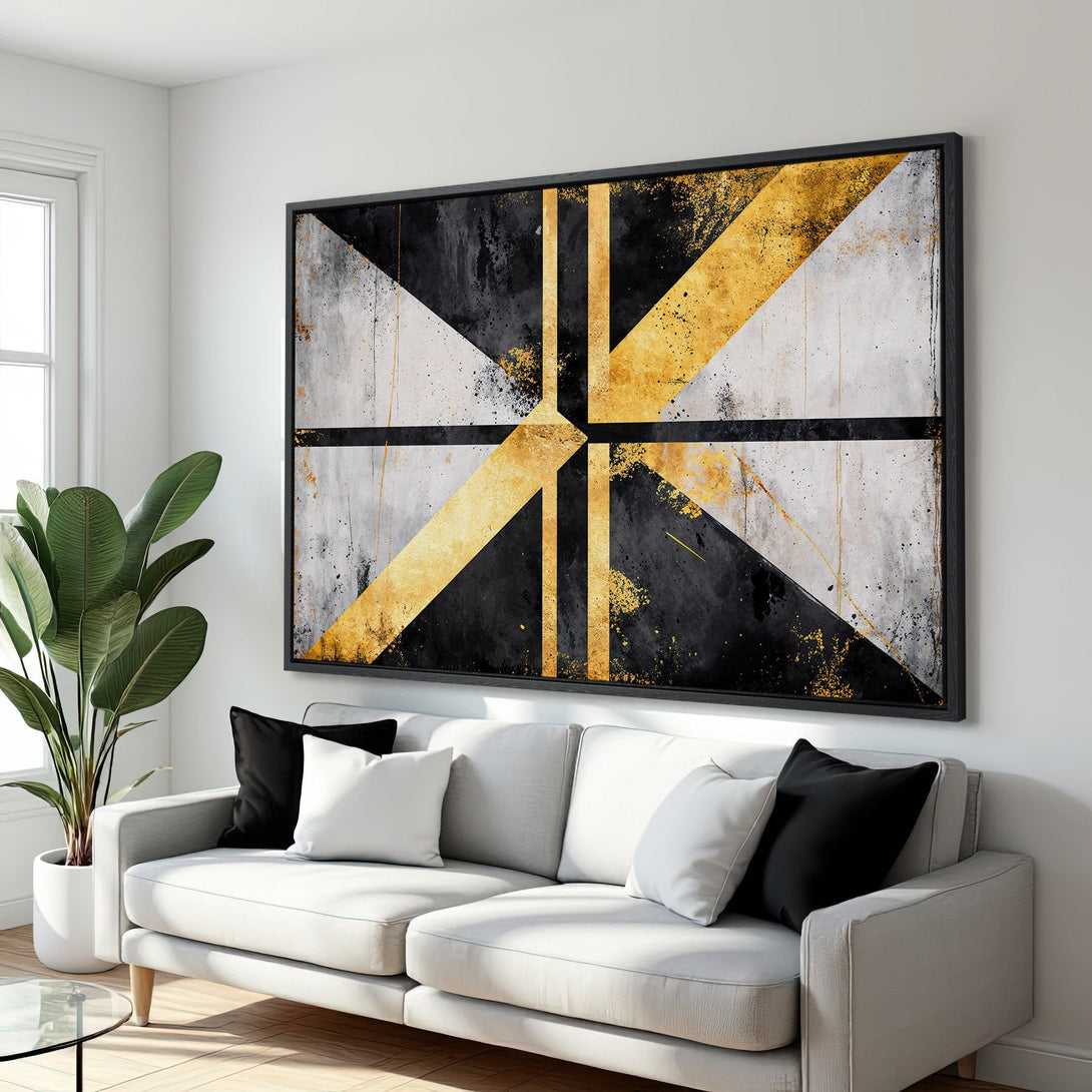 Framed Wall Art: Modern abstract geometric art in black, gold, and grey. Stylish canvas print adds a touch of luxury to any interior.