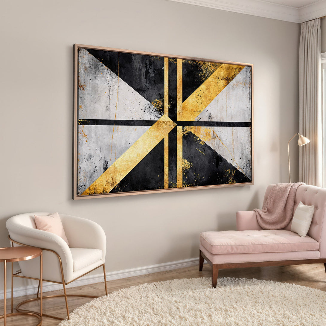 Framed Wall Art: Abstract geometric design in gold, black, and white. Modern canvas print adds a touch of luxury to any interior space.