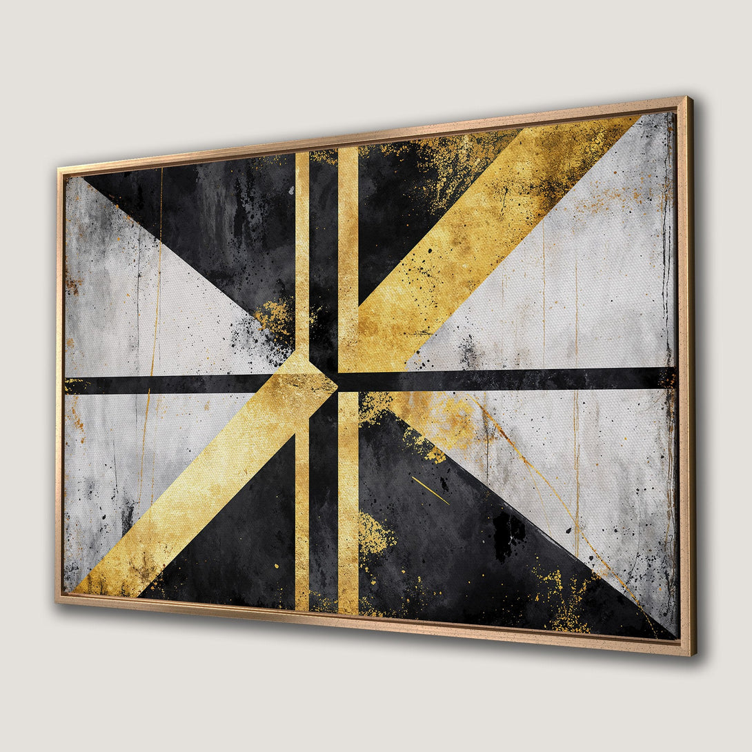 Framed Wall Art featuring an abstract geometric design in black, gold, and white. Modern art canvas print for a stylish interior.