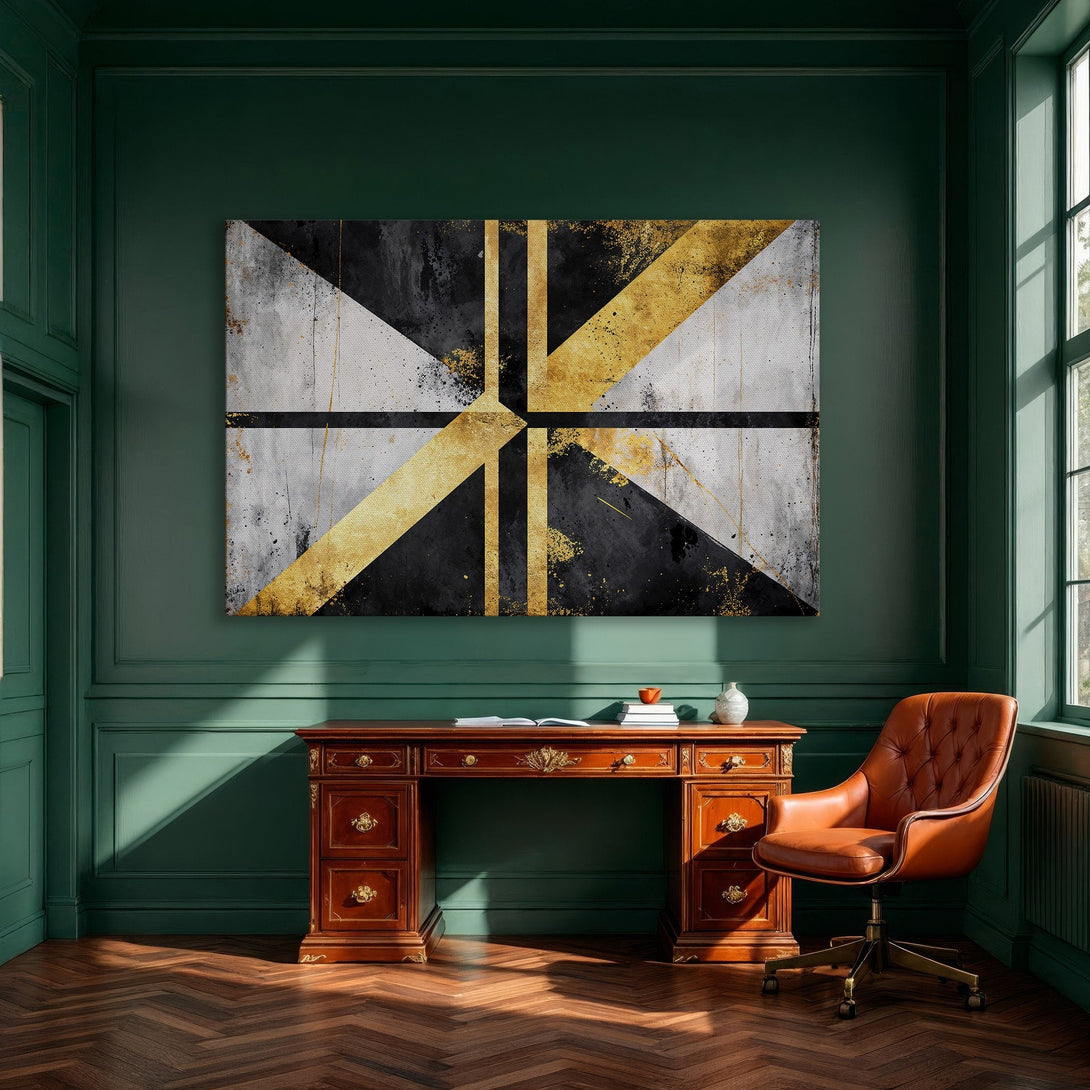 Framed Wall Art: Abstract geometric art in black, gold, and gray. Modern canvas print adds a touch of luxury to any dining room.