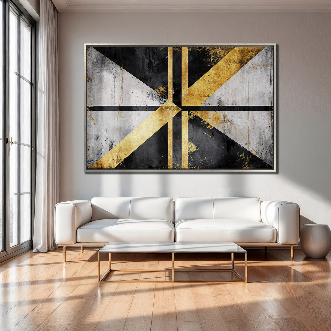 Framed Wall Art: Modern abstract art in black, gold, and gray. Stylish canvas print adds a touch of luxury to any living room.