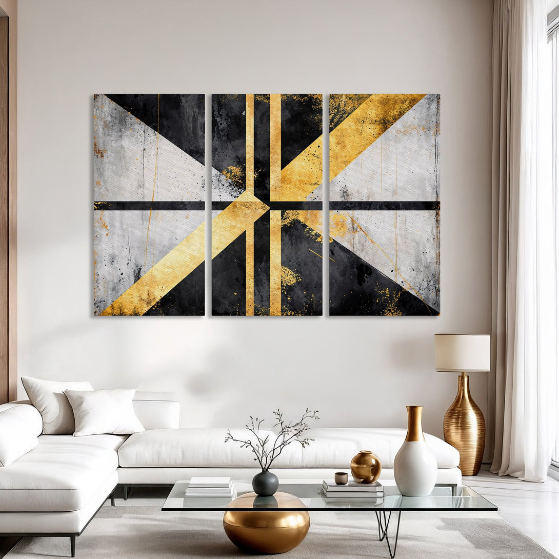 Abstract Canvas Print in black, gold, and gray. Modern art for a stylish interior. Enhance your home decor with this stunning wall art.
