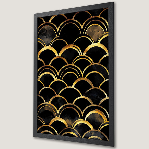Framed Poster featuring a gold Art Deco design on a black background. Stylish wall art with a luxurious color palette.
