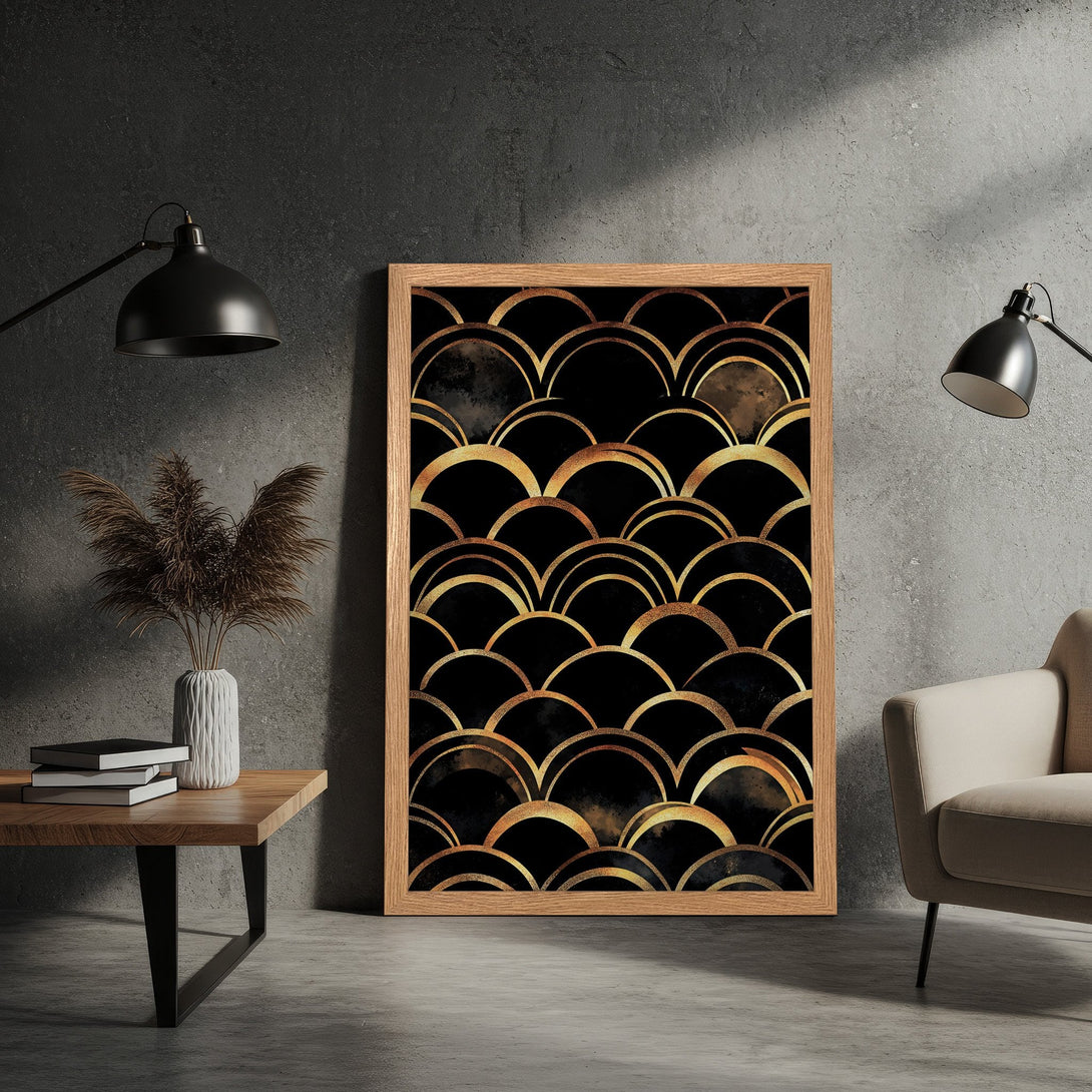 Framed Poster featuring an Art Deco design in black and gold, perfect for adding a touch of elegance to any space.