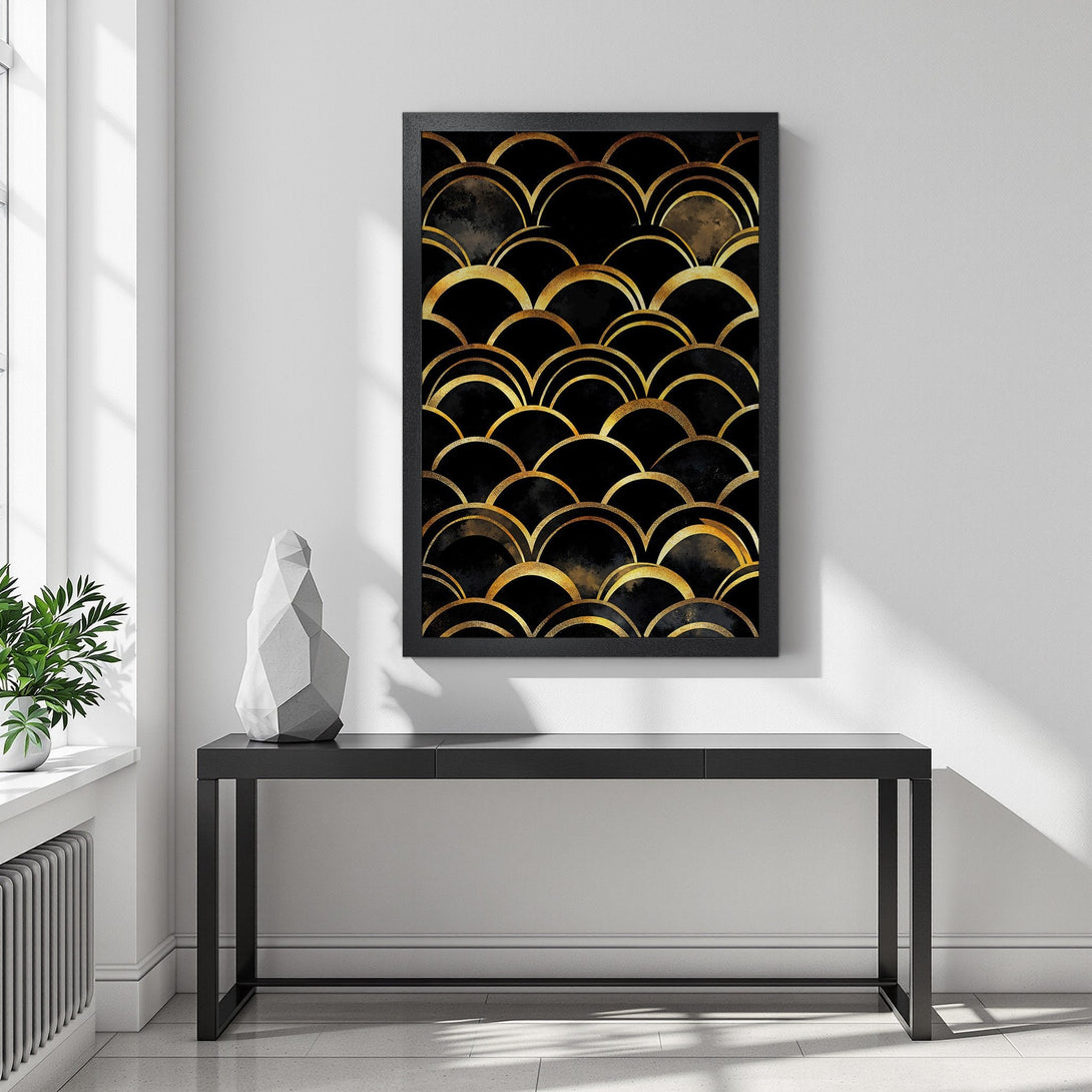 Framed Poster featuring a gold and black art deco design. A stylish addition to any modern interior.