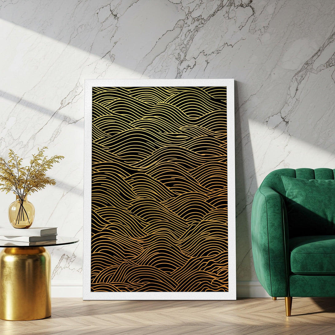 Framed Poster featuring abstract gold wave design on black background. Modern art print with a luxurious aesthetic and gold color palette.