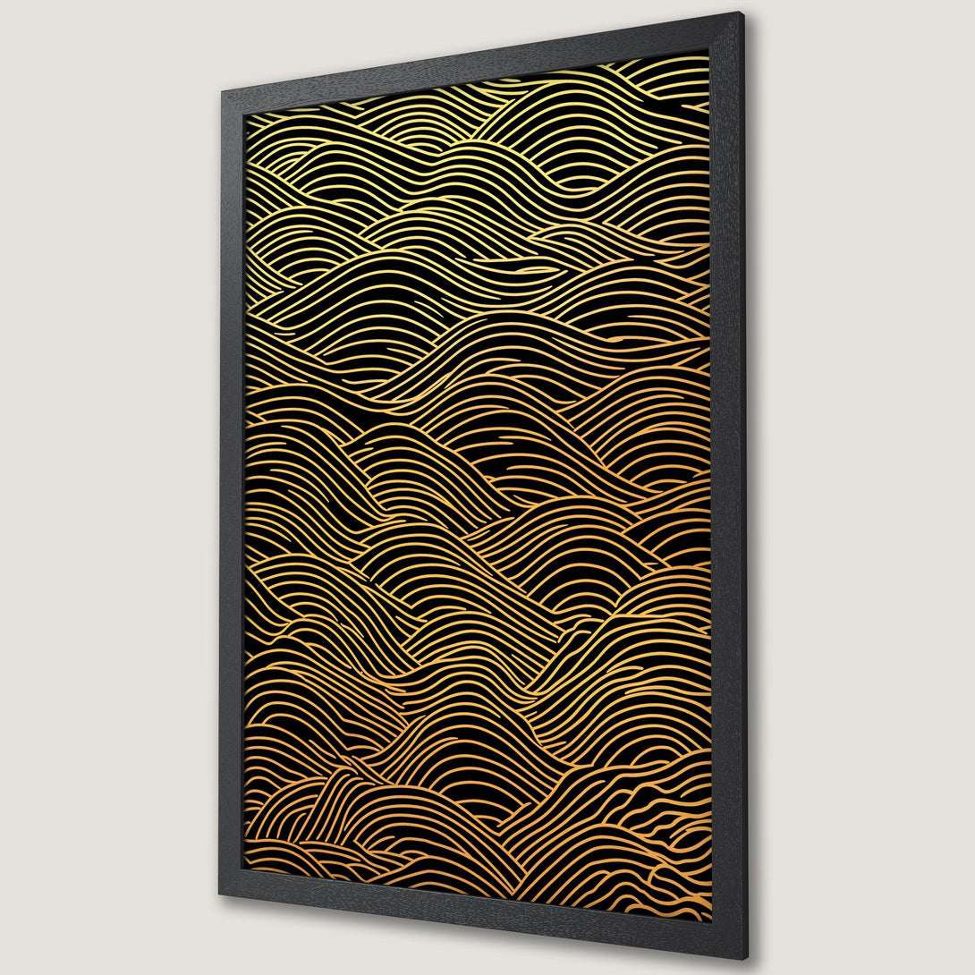 Framed Poster featuring a gold wave pattern on black, modern art style, elegant gold and black color palette.