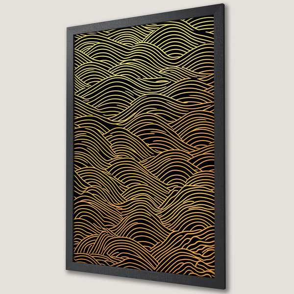 Framed Poster featuring a gold wave pattern on black, modern art style, elegant gold and black color palette.