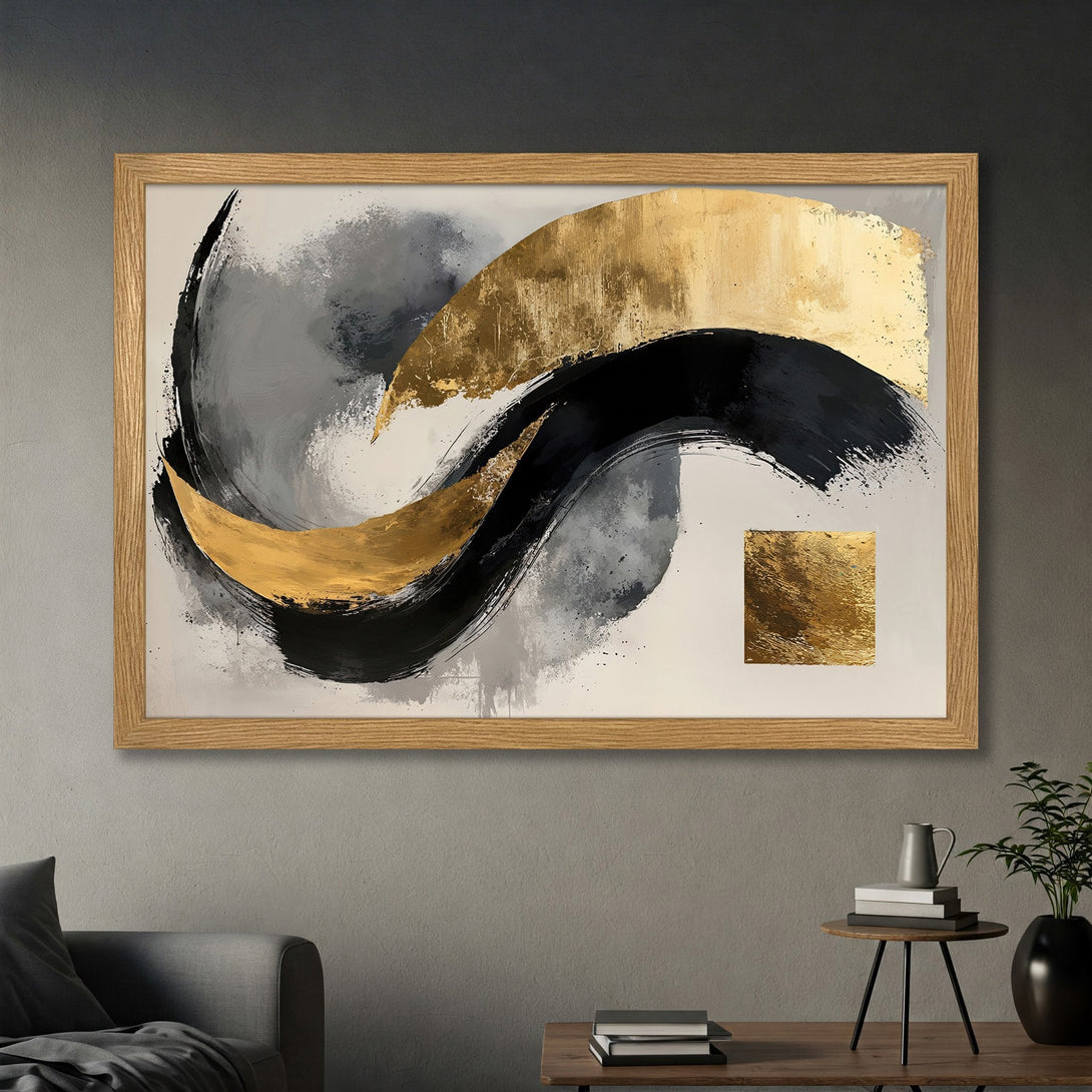 Framed Poster featuring abstract gold, black, and gray brushstrokes. Modern art print in a neutral color palette for stylish home decor.