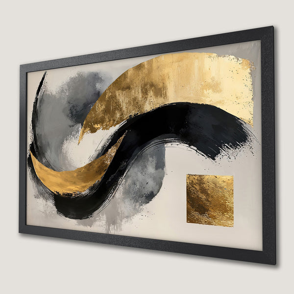 Framed Poster: Abstract art with gold, black, and gray brushstrokes. Modern wall decor, perfect for living rooms and bedrooms.