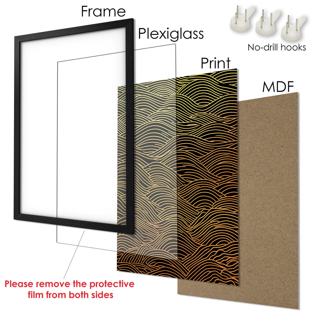 Framed Poster with gold wave design on black background. Modern art print for home decor. Includes frame, plexiglass, and no-drill hooks.