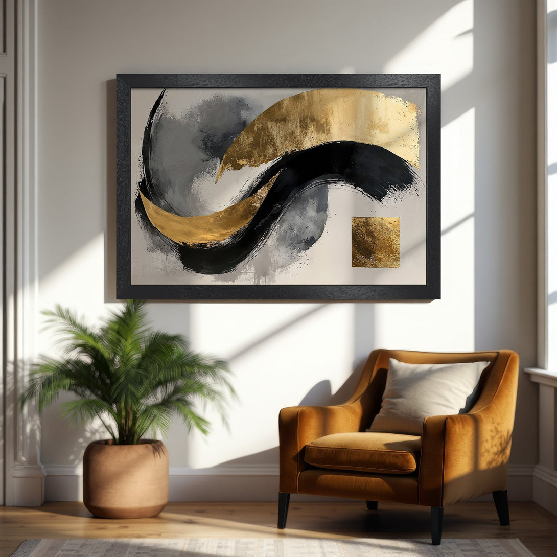 Framed Poster of abstract art with gold, black, and gray brushstrokes. Modern style, neutral color palette for home decor.