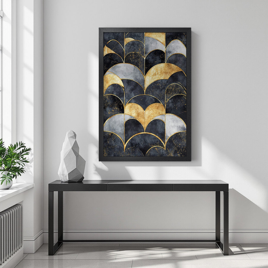 Framed Poster featuring an abstract art deco design in black, gold, and gray. Modern wall art for home decor.