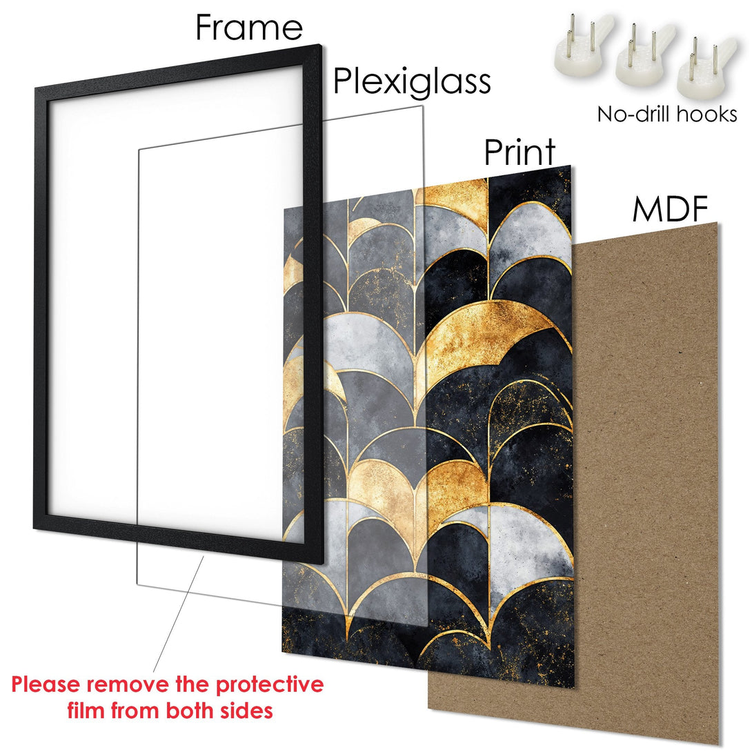 Framed Poster featuring a modern, abstract design in a grey, gold, and black color palette. Perfect wall art for any space.