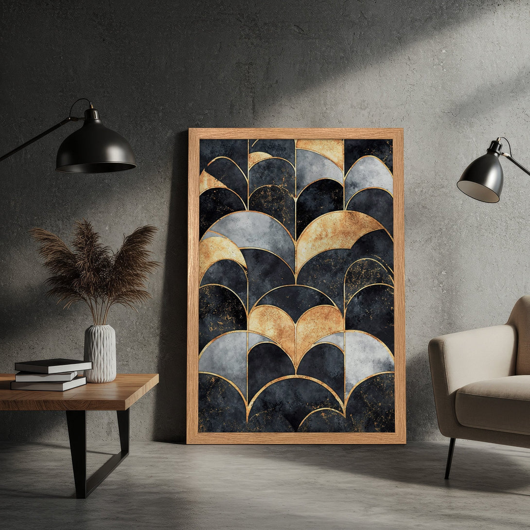 Framed Poster featuring an abstract geometric design in a modern style with a black, gold, and grey color palette. Perfect for home decor.
