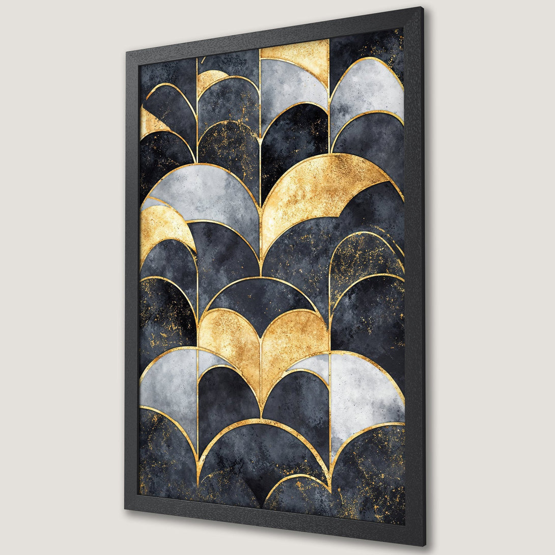 Framed Poster featuring an Art Deco design with gold accents on a navy, grey, and gold color palette. Modern wall art for home decor.