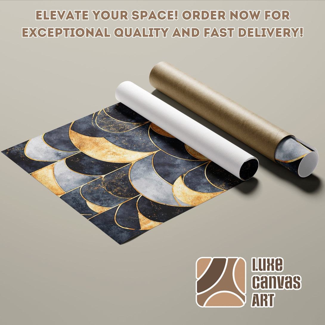 Abstract art Poster Roll with navy, gold, and gray color palette. Modern wall decor.