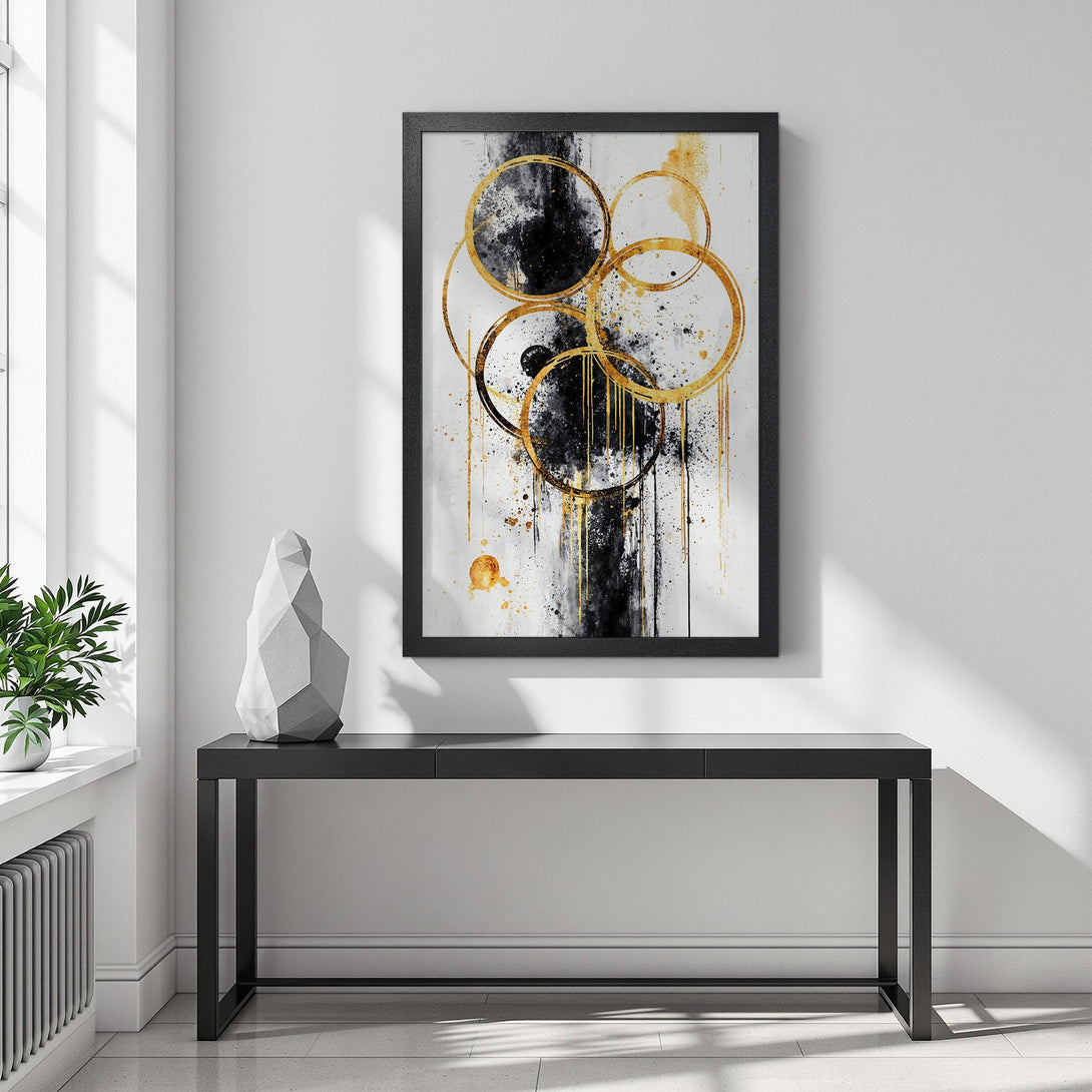 Framed Poster featuring abstract gold and black art on white background. Modern style, perfect wall decor.