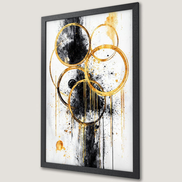 Framed Poster featuring abstract gold circles on a white and black background. Modern art print with a luxurious, elegant style.