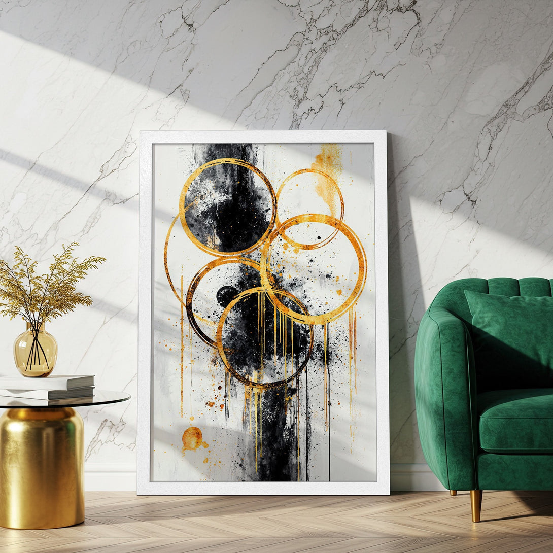 Framed Poster featuring abstract gold circle art. Modern style, black, white, and gold color palette. Perfect wall decor!