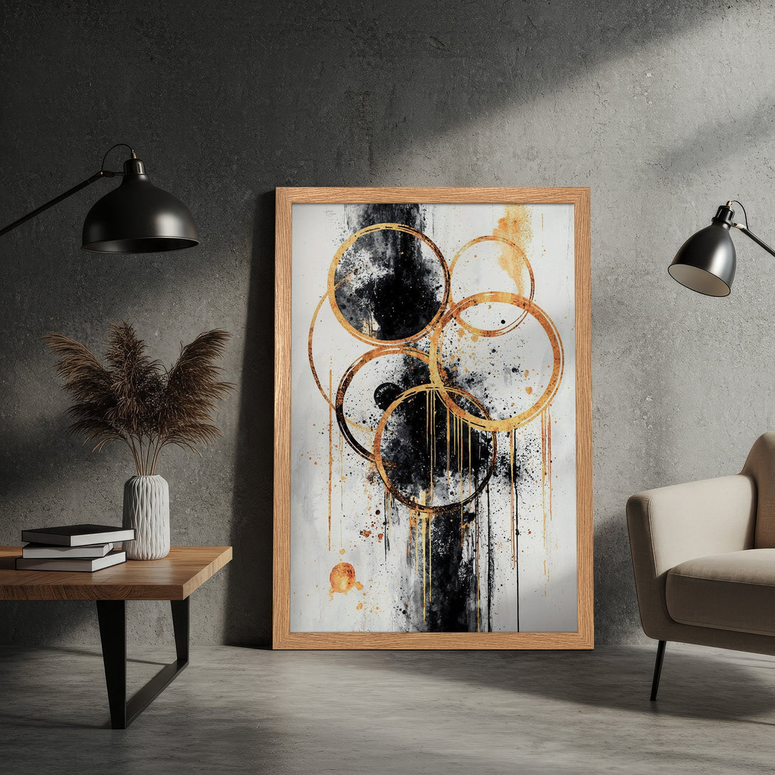 Framed Poster featuring abstract art with gold, black, and white circles. Modern style artwork for home decor.