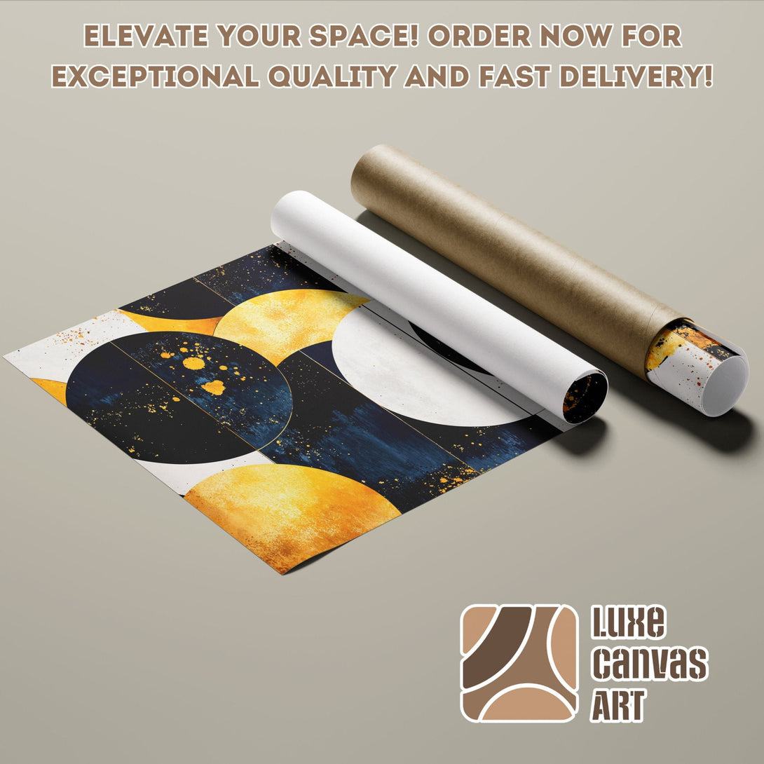 Abstract art Poster Roll in gold, navy, and white. Elevate your space with Luxe Canvas Art!