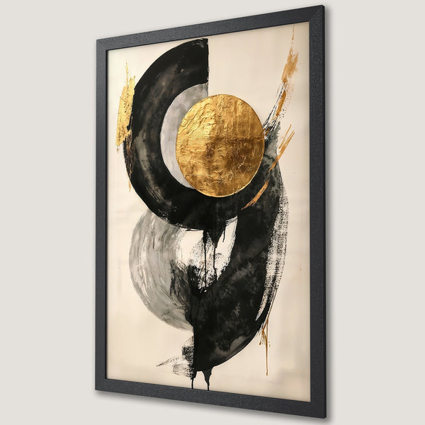 Framed Poster featuring abstract art with gold accents, black brushstrokes, and a neutral color palette. Modern wall art for home decor.