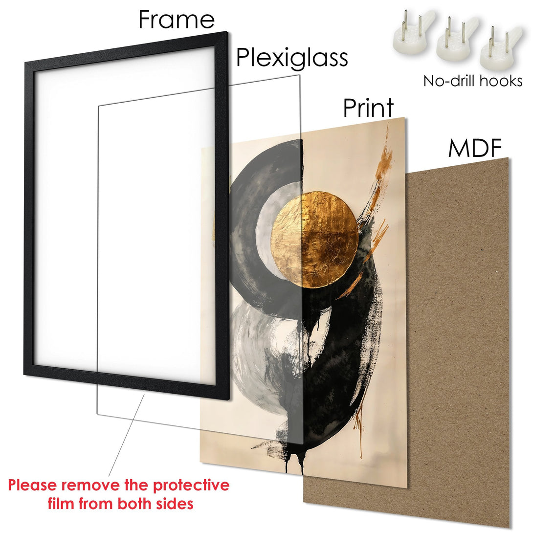 Framed Poster: Abstract art print with black, gold, and neutral tones. Modern wall decor for your home.