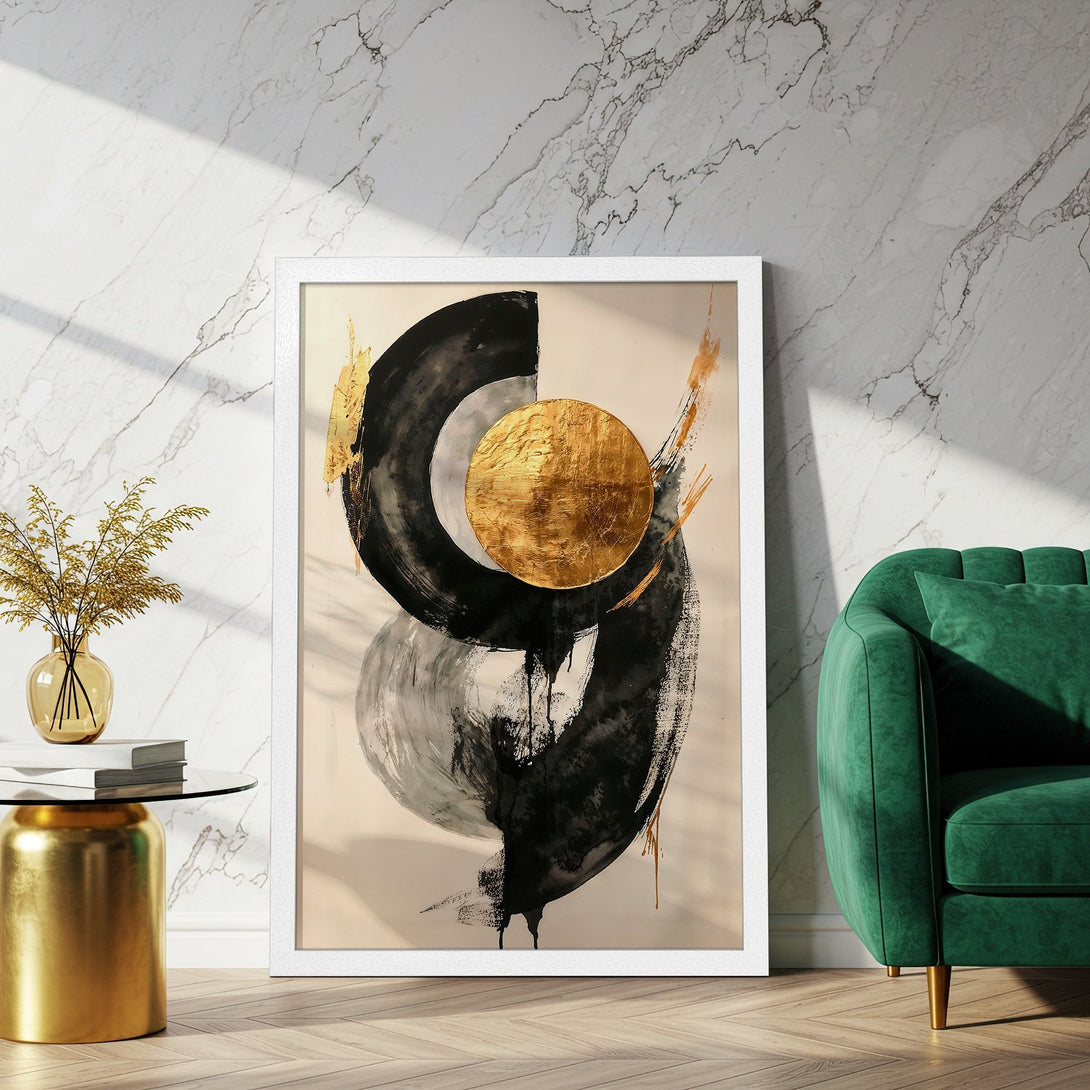 Framed Poster featuring abstract gold and black art. Modern style with a neutral and gold color palette, perfect wall decor.
